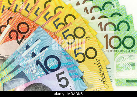Currency banknotes spread across frame australian dollar in various denomination Stock Photo