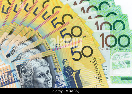 Currency banknotes spread across frame australian dollar in various denomination Stock Photo