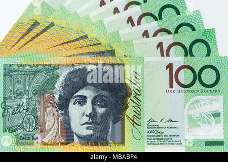 Currency banknotes spread across frame australian dollar in various denomination Stock Photo