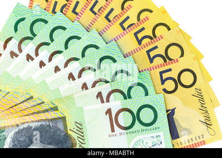 Currency banknotes spread across frame australian dollar in various denomination Stock Photo