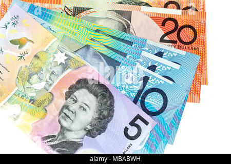 Currency banknotes spread across frame australian dollar in various denomination Stock Photo