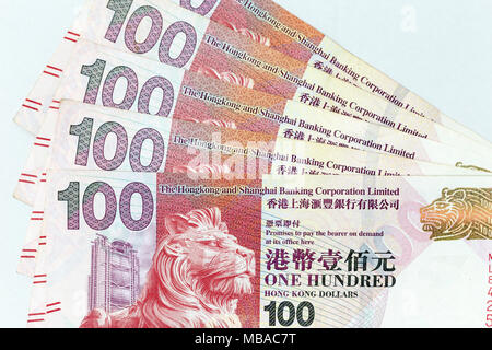 Currency banknotes spread across frame hong kong dollar in various denomination Stock Photo