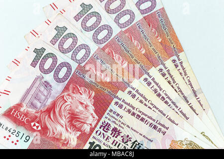 Currency banknotes spread across frame hong kong dollar in various denomination Stock Photo