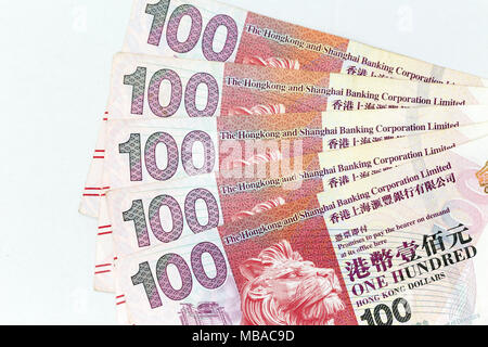 Currency banknotes spread across frame hong kong dollar in various denomination Stock Photo
