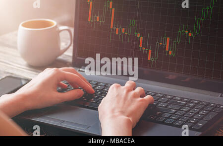 Close-up Of A Stock Market Broker's Female Hand Analyzing Graph On Laptop. Stock Photo