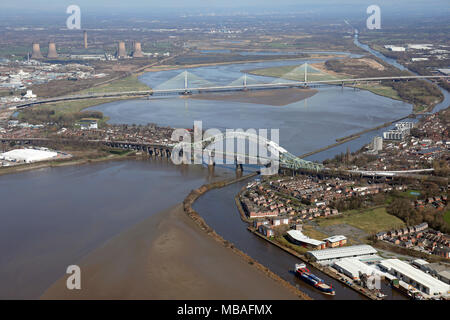 aerial view of the two Mersey crossings bridges at Runcorn, Cheshire Stock Photo