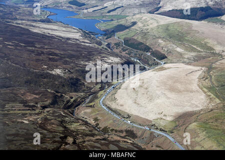 aerial view of the A628 Woodhead Pass main road on the Pennines