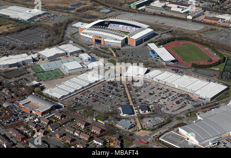 aerial view of Wigan Town & Warriors DW Stadium, Lancashire, UK Stock Photo