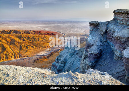 Aerial view of bizarre layered mountains in desert park Altyn Emel in Kazakhstan Stock Photo
