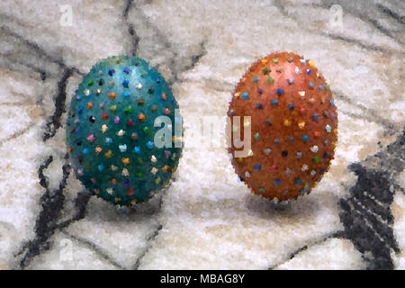 Easter. Wooden decorated eggs laying near small multicolored buttons flowers laying on orange background Stock Photo