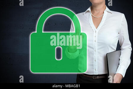 U-lock touchscreen is shown by businesswoman. Stock Photo
