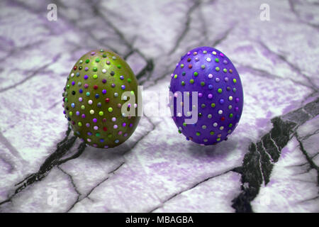 Yolk of broken egg in eggshell and two blue eggs decorated with pink sisal nest on the minimalist diagonal pink and blue background. Copy space. Adver Stock Photo