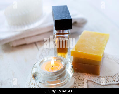 spa accessories  and candles on white background Stock Photo