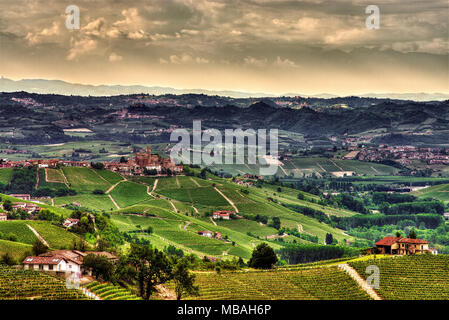 A wide view of the hills of the Langhe cultivated with vineyards and dotted with farms and wineries, around the village of Castiglione Falletto. Stock Photo