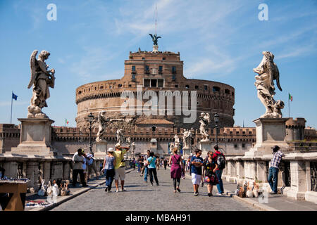 ROME,ITALY - JUNE 17,2011: Bridge of Umberto I and Mausoleum Castel Sant Angelo at sunset. The Mausoleum of Hadrian usually known as Castel Sant'Angel Stock Photo