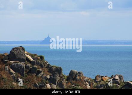 View of Mont Saint Michel in Pointe du Grouin in Cancale - UNESCO world heritage, Brittany, France Stock Photo