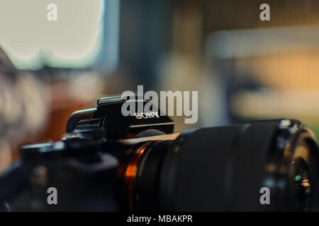 VARNA, BULGARIA,February 24, 2017: Abstract Close-Up of The Sony A7 against blury background. Stock Photo