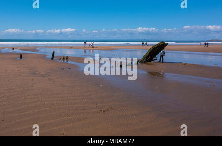 The remains of the shipwreck of the Helvetia at Rhossili Bay, Gower, South Wales, UK. Stock Photo