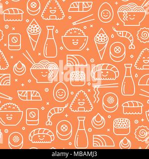 Bright orange vector seamless pattern with japanese food such as sushi, rolls and shrimps. Line icons on bold background. Stock Vector