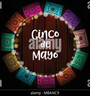 Mexican Cinco de Mayo greeting card, invitation. Party decoration, wreath of lights, handmade cut paper flags. Old wooden background, ector illustrati Stock Vector