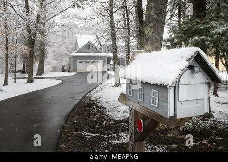 Luxury Suburban Home in Snowstorm, New England, USA Stock Photo