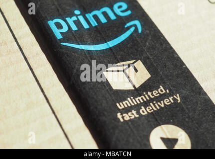 SEATTLE, USA - CIRCA DECEMBER 2017: Amazon prime label on a parcel Stock Photo