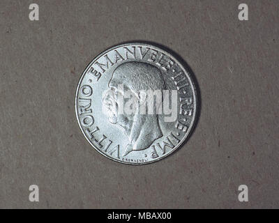 Old Italian 1 Lira coin with Vittorio Emanuele III King and Imperator, circa 1940 Stock Photo