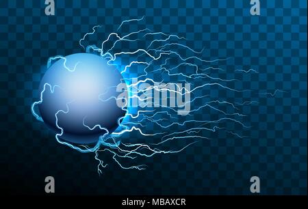 Lightning storm ball. Ball lightning on transparent background, vector blue abstract magic plasma energy burst Stock Vector