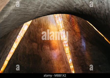 Madrid, Spain - January 21, 2018: Interior view of concrete ceiling of the church of Our Lady of Guadalupe in Madrid. It is a hyperbolic paraboloid Stock Photo