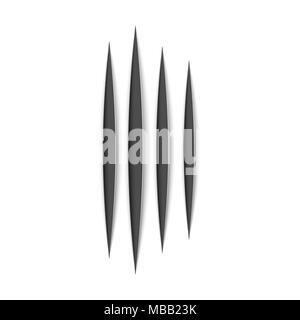 Black claws animal scratch scrape track. Cat or tiger scratches paw shape. Four nails trace. Vector illustration isolated on white Stock Vector