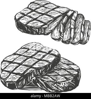 food meat, steak, roast set hand drawn vector illustration realistic sketch Stock Vector