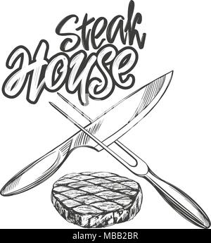 food meat, steak,steak house logo, knife and skewer, calligraphic text, hand drawn vector illustration realistic sketch Stock Vector