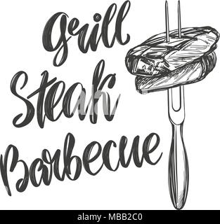 food meat, steak on a skewer roast , calligraphic text, hand drawn vector illustration realistic sketch Stock Vector