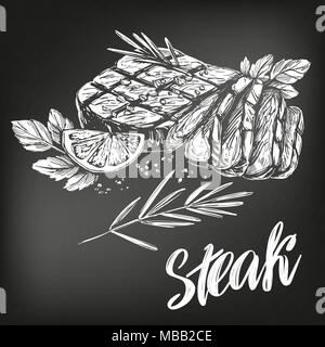 food meat, steak, roast set, calligraphic text, hand drawn vector illustration realistic sketch, , drawn in chalk on a black board Stock Vector