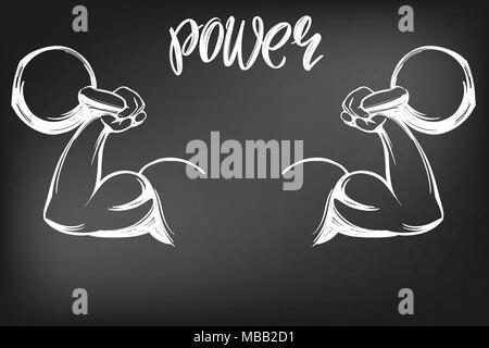 arm, bicep, strong hand holding a kettlebell icon cartoon calligraphic text symbol hand drawn vector illustration sketch, drawn in chalk on a black Board Stock Vector