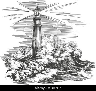 lighthouse lighthouse in the dark and sea landscape, storm hand drawn vector illustration realistic sketch Stock Vector