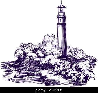 lighthouse and sea landscape, storm hand drawn vector illustration realistic sketch Stock Vector