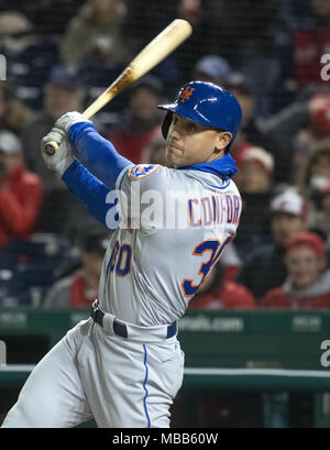 Washington, District of Columbia, USA. 8th Apr, 2018. New York Mets left fielder Michael Conforto (30) bats in the first inning against the Washington Nationals at Nationals Park in Washington, DC on Sunday, April 8, 2018.Credit: Ron Sachs/CNP. Credit: Ron Sachs/CNP/ZUMA Wire/Alamy Live News Stock Photo