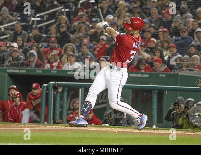 Washington, District of Columbia, USA. 8th Apr, 2018. Washington Nationals right fielder Bryce Harper (34) hits a first inning home run against the New York Mets at Nationals Park in Washington, DC on Sunday, April 8, 2018.Credit: Ron Sachs/CNP. Credit: Ron Sachs/CNP/ZUMA Wire/Alamy Live News Stock Photo