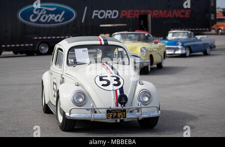 April 10, 2018 - West Palm Beach, Florida, U.S. - A 1963 Volkswagen Beetle known as ''Herbie'' that was used in several of the Walt Disney films arrives at the South Florida Fairgrounds. Herbie, owned by John Staluppi, will be auctioned at Barrett-Jackson auto auction at the South Florida Fairgrounds in West Palm Beach, Florida on April 10, 2018. (Credit Image: © Allen Eyestone/The Palm Beach Post via ZUMA Wire) Stock Photo