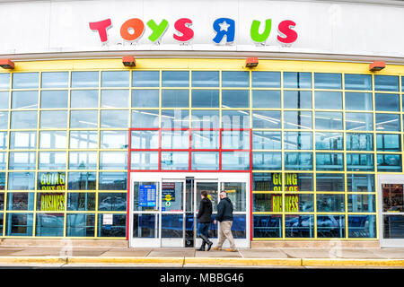 Sterling, USA - April 4, 2018: Toys R US store in Fairfax County, Virginia for children shop exterior entrance with sign, logo, doors, closing going o Stock Photo