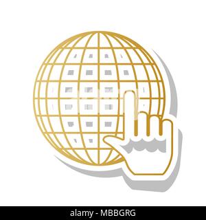 Earth Globe with cursor. Vector. Golden gradient icon with white contour and rotated gray shadow at white background. Stock Vector