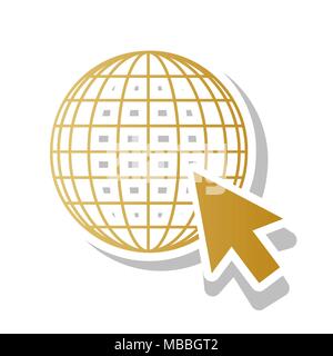 Earth Globe with cursor. Vector. Golden gradient icon with white contour and rotated gray shadow at white background. Stock Vector