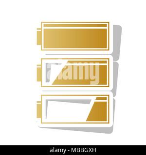 Set of battery charge level indicators. Vector. Golden gradient icon with white contour and rotated gray shadow at white background. Stock Vector
