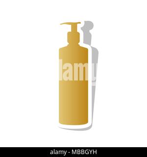 Gel, Foam Or Liquid Soap. Dispenser Pump Plastic Bottle silhouette. Vector. Golden gradient icon with white contour and rotated gray shadow at white b Stock Vector