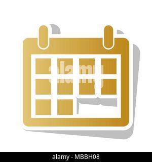 Calendar sign illustration. Vector. Golden gradient icon with white contour and rotated gray shadow at white background. Stock Vector