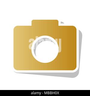 Digital camera sign. Vector. Golden gradient icon with white contour and rotated gray shadow at white background. Stock Vector