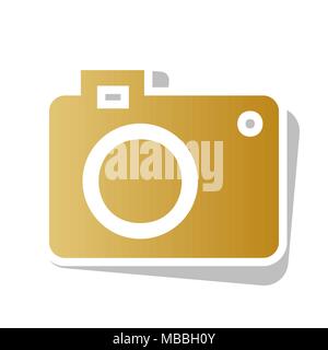 Digital camera sign. Vector. Golden gradient icon with white contour and rotated gray shadow at white background. Stock Vector