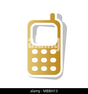 Cell Phone sign. Vector. Golden gradient icon with white contour and rotated gray shadow at white background. Stock Vector