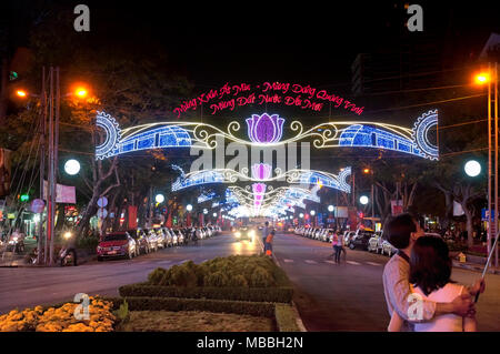February 18, 2015.  Ho Chi Minh, Vietnam.  Night time view of the streets of ho chi minh city during the tet, new years, holiday and marks the 40th an Stock Photo